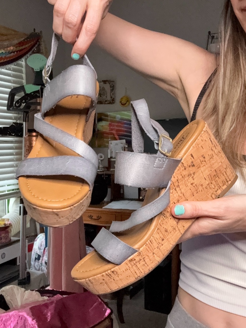 Gray Cork Wedge Sandals - Women's Strappy Platform